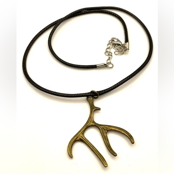 Bronze Tone Deer Antler Pendant on Black Cord Necklace 16” - Picture 2 of 7